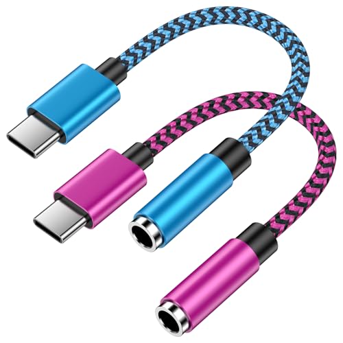 [2-Pack] USB C to 3.5mm Headphone Adapter for Samsung Galaxy S26 Ultra, DAC | Type C to Aux Audio Jack Dongle Chip with Mic & Volume Control for Samsung S26/S26+, S25/S24, iPhone 17/16/15, Pixel 10/9/8/7 - color: Blue&Rose Red