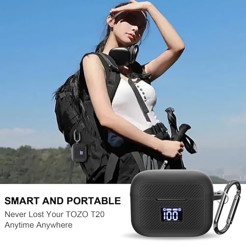 Compatible with TOZO T20 Case Cover, Soft Silicone Skin Case with Keychain, Shock Absorbing and Anti-Drop Protective Case with LED Power Display for Men and Women [Front LED Visible] Black - color: Black