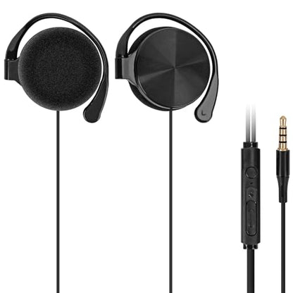 GEEKRIA Wired Clip-On Ear Headphones, Portable Hook-On Ear Headphones with Microphone and Call Controller Compatible with Android, Avoid Headphone Hair (Black)