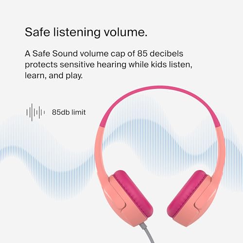 Belkin SoundForm Mini Wired Kids Headphones, On Ear, 3.5mm | Toddler headphones, built-in mic, 85dB safe volume limit, durable design, online learning, classroom, travel - color: Pink, style: Wired