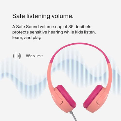 Belkin SoundForm Mini Wired Kids Headphones, On Ear, 3.5mm | Toddler headphones, built-in mic, 85dB safe volume limit, durable design, online learning, classroom, travel - color: Pink, style: Wired
