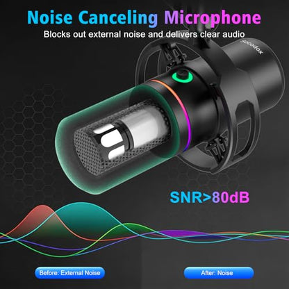 XLR/USB Gaming Microphone with Boom Arm for Streaming | Dynamic Microphone with One-Touch Mute, Gain Control, Headphone Jack, RGB Lighting for Podcast, Recording Vocal