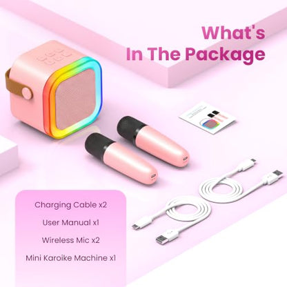 Mini Karaoke Machine, Portable Bluetooth Speaker & 2 Wireless Microphones | Karaoke Player Karaoke Microphone For Family Home Party Outdoor With HI-FI Sound | 5 Magic Sound | PA System | USB | TF | AUX - color: Pink