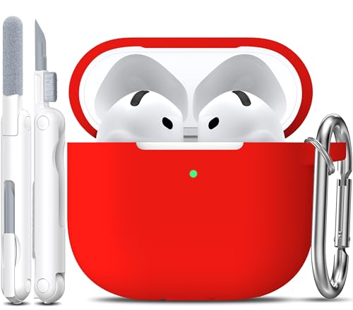 for AirPods 4 Case with Cleaner Kit,Full Protective Soft Skin Silicone Cover with Keychain for AirPods 4 Gen Case for Men Women,Compatible with Apple AirPods 4th Genaration Case 2024,Red - color: C Red