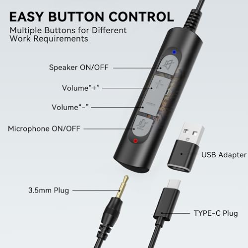 Wantek Headset with Microphone for PC, USB Wired Headphones - USB-C Over-Ear 3.5mm Headsets with Noise-Cancelling Microphone for Laptop - Computer Headphones with Mic in-line Control for Home