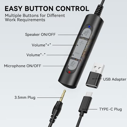 Wantek Headset with Microphone for PC, USB Wired Headphones - USB-C Over-Ear 3.5mm Headsets with Noise-Cancelling Microphone for Laptop - Computer Headphones with Mic in-line Control for Home