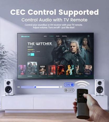 HDMI eARC Audio Extractor, ARC/eARC to HDMI Audio Converter with CEC Control, Support Dolby Atmos DTS-X 7.1 Surround Sound, TV Remote Control Volume & Power On/Off for Soundbar Amplifier (Black)