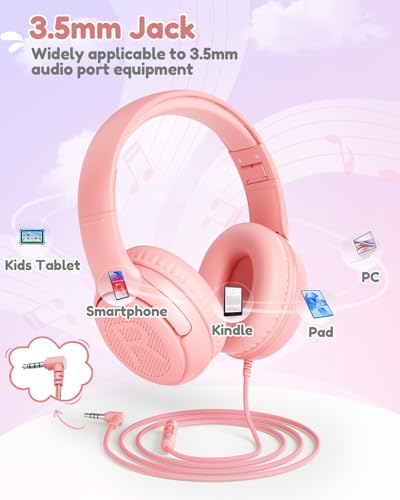 Kids Headphones with Microphone Foldable Stereo Tangle-Free 3.5mm Jack Wired Cord On-Ear Headset for Children/Teens/Boys/Girls/Smartphones/School/Kindle/Airplane Travel/Plane/Tablet (Pink) | 3.5mm Jack, HD Mic, Portable Wired Headphone with Shareport, Ste