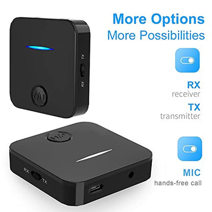 Bluetooth 5.4 Transmitter and Receiver, 2-in-1 Wireless Audio Adapter with Built-in Microphone for Car, TV, Home Stereo, Sound Bar - Hands-Free Calling Low Latency