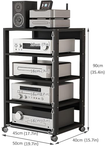5 Tier Audio Rack AV Media Player Stand Stereo Cabinet | Floor-Standing CD DVD Record Player Stand, Movable Component Storage Shelf with Wheels for Home Theater, Black - size: 5 Tier