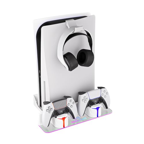 PS5 Wall Mount Kit with Charging Station, Compatible with PlayStation 5/Slim/Pro Disc & Digital Version, Dual Use Charging Station with Multi-Mode RGB Light, White