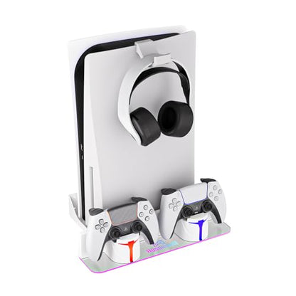 PS5 Wall Mount Kit with Charging Station, Compatible with PlayStation 5/Slim/Pro Disc & Digital Version, Dual Use Charging Station with Multi-Mode RGB Light, White