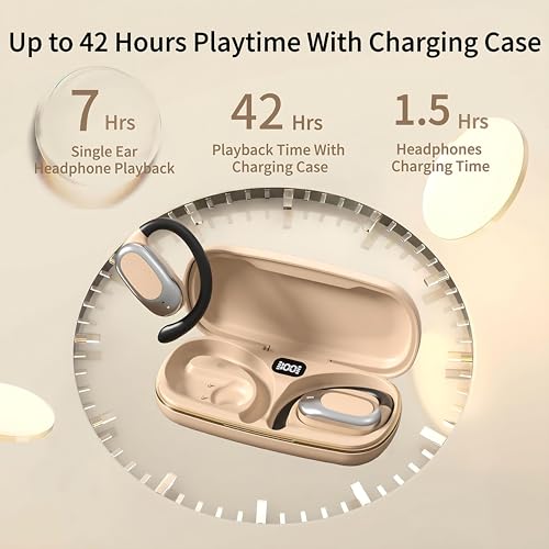 Open Ear Headphones Air Conduction Wireless Earbuds with Mic LED Digital | 42H Playtime Clear Call Over Earphones Lightweight Waterproof Secure Earhooks for Sport Workout Running Travel Business