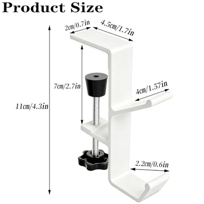 Desk Mount Headphone Hook Bag Holder Hook Clamp,Headphone Hanger and Backpack Hanger with Double Hooks,Universal Aluminum Alloy Gaming Headphone Stand Under Desk (White) - color: White