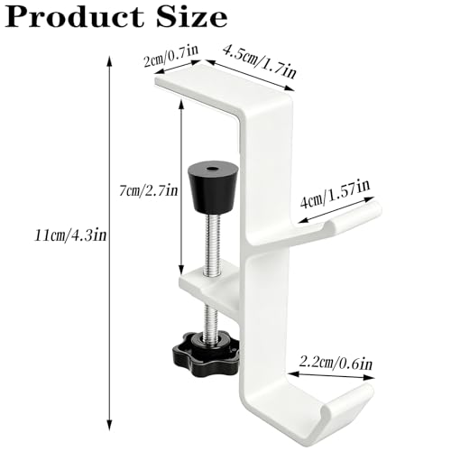 Desk Mount Headphone Hook Bag Holder Hook Clamp,Headphone Hanger and Backpack Hanger with Double Hooks,Universal Aluminum Alloy Gaming Headphone Stand Under Desk (White) - color: White