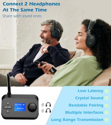 KAIY Bluetooth Transmitter for TV to Dual Headphones AUX Adapter | Bluetooth Adapter with LCD Display Adjustable Volume, Bluetooth Receiver for Home Stereo, Support 3.5mm/Optical/TF Card