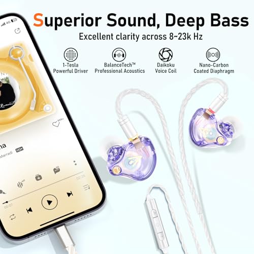 Audiovance Vibes 202ML HiFi 유선 이어버드, 아이폰 14/13/12/11/X, 프로 맥스용 | 마이크가 있는 인이어 헤드폰, 선명한 사운드, 딥 베이스, 소음 차단 이어버드, 실버 도금 코드, 편안한 핏, 케이스 - color: A-라이트 퍼플