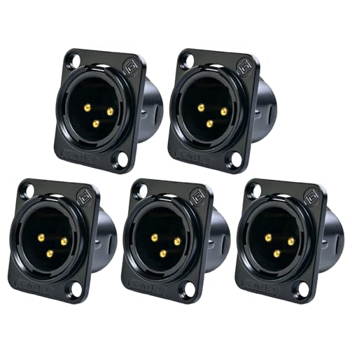 RIVIERA XLR Panel Mount Chassis 3pin Male & Female Nickel Plated Metal Housing and 24K Gold-Plated Contacts (5 Male Black) - color: Black, size: Male