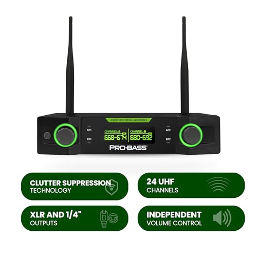 Pro Bass UF‑224 Dual UHF Wireless Microphone System – 24-Channel, Auto Sync, Clutter Suppression, XLR 1/4” Outputs – 8h Battery – Hard Carry Case – Ideal for Church, Events, Karaoke, Weddings