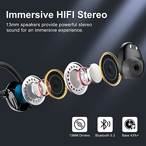 Wireless Earbuds for Small Ear, HiFi Stereo Sport Bluetooth 5.3 Headphones with Earhooks, 48H Deep Bass Ear Buds with LED Display, Noise Cancelling, IP7 Waterproof Earphones Built-in Mic for Running - color: Black