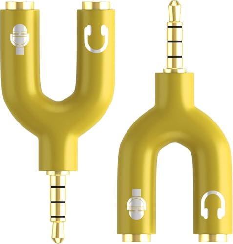 3.5mm Headphone Splitter Adapter, 2 Pack TRRS Male to Dual Female Y Splitter for Audio & Microphone – Headset to PC Mic Adapter – Compatible with Laptops, Tablets, Phones, PS4/PS5 Controllers, Yellow - color: Yellow