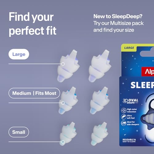 Alpine SleepDeep Reusable Earplugs for Sleeping | Earbuds for Side Sleepers | Large 27dB SNR |Ultra Soft Ear Plugs For Noise Reduction|Silicone-Free| Ear Protection |Travel Essentials Airplane Essentials - style: L