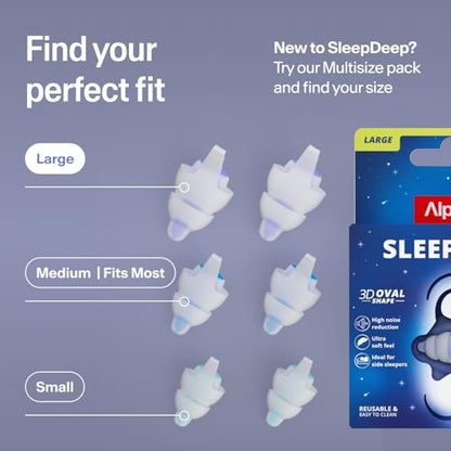 Alpine SleepDeep Reusable Earplugs for Sleeping | Earbuds for Side Sleepers | Large 27dB SNR |Ultra Soft Ear Plugs For Noise Reduction|Silicone-Free| Ear Protection |Travel Essentials Airplane Essentials - style: L