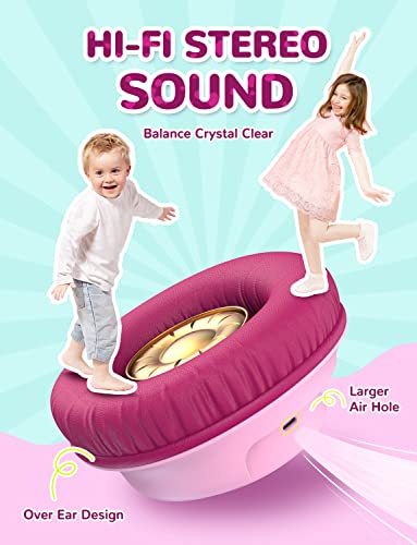 iClever BTH18 Kids Bluetooth Headphones LED Lights for Toddler Boys Girls | SafeSound Tech, 43H Playtime Stereo Sound, USB C Charging AUX Cable, Over Ear Kids Headphones Wireless for iPad/Tablet/Travel - color: A-Blossom Pink