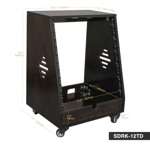 Sound Town DIY 12U Slanted Studio Rack with 2U Lower Storage, Casters, for Home Studio and Recording Room, Baltic Birch Plywood, Black Espresso (SDRK-12TD) - size: 12U,Black Espresso