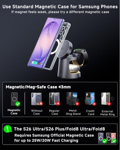 Qi2.2 25W 3-in-1 Magnetic Wireless Charger for Samsung, Compact & Foldable | Fast Charging Station for MagSafe for S26 Ultra/Z Fold 8/Fold8 Ultra, Travel Charger Stand (Not for Watch 9/Ultra2)