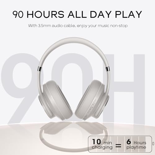 DOQAUS Bluetooth Headphones Over the Ear Wireless with 90H Playtime & 3 EQ Modes, HiFi Deep Bass, Premium Memory Foam & Mic for Travel, Home and Commuting - color: Ice Grey-Matte Textures