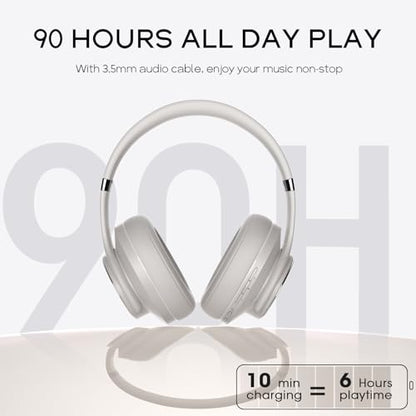 DOQAUS Bluetooth Headphones Over the Ear Wireless with 90H Playtime & 3 EQ Modes, HiFi Deep Bass, Premium Memory Foam & Mic for Travel, Home and Commuting - color: Ice Grey-Matte Textures
