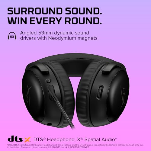 HyperX Cloud III – Wired Gaming Headset,PC,PS5,Xbox Series X|S,Angled 53mm Drivers,DTS Spatial Audio,Memory Foam,Durable Frame,Ultra-Clear 10mm Mic,USB-C,USB-A,3.5mm – Black,(Pack of 10) - color: Black, size: Regular (Pack of 10), style: Wired