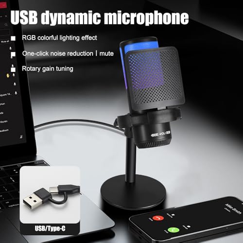 Gaming Mic for PC & PS5, RGB USB Streaming Microphone with Quick Mute