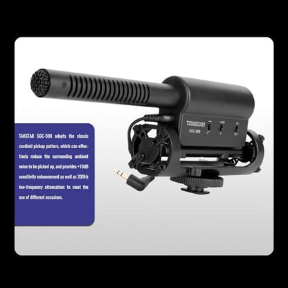 TAKSTAR SGC-598 3.5mm Cardioid Shotgun Microphone for Camera | Cardioid Condenser, +10dB Gain, 200Hz Low-Cut, Shock-Resistant