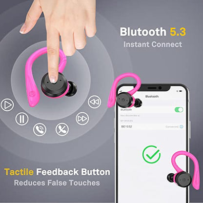 APEKX Wireless Earbuds, IPX7 Waterproof Bluetooth Headphone w/Mic Deep Bass | Secure Sport Ear Buds with Ear Hooks & Charging Case, 40H Playtime Stereo Sound for Workout & Running, Red - color: Red