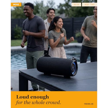 TREBLAB HD-Max Loud Portable Wireless Bluetooth Speaker, 60W IPX7 20H | RGB Power bank Outdoor Speaker, TWS Stereo Pairing, Carry Strap & Deep Bass for Backyard Parties, USB-C Charging - color: Black