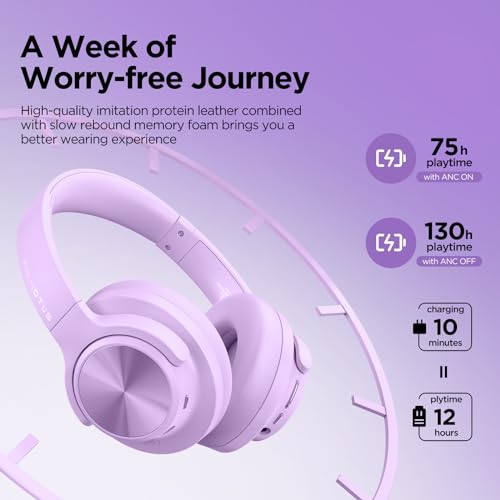 Hybrid Active Noise Cancelling Headphones 130H Wireless Over Ear Headphones | Bluetooth, Hi-Res Sound, Deep Bass, Spatial Audio, Dual Connection, Custom EQ via App, Comfortable Fit for Travel Home Office - color: Purple