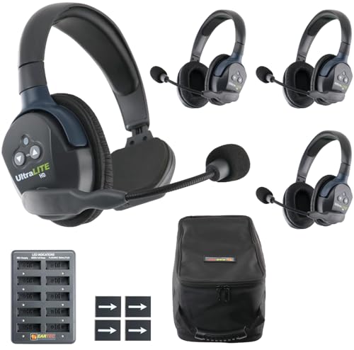 EARTEC UL413 Ultralite-HD 4-Person Full Duplex Wireless Intercom Headset Communication System, Single and Dual Ear Headsets, Up to 1000ft Range, U.S. Company - size: 1 Single, 3 Double