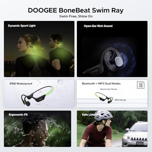 Bone Conduction Headphones Swimming, LED Light, IPX8 Waterproof, Bluetooth 6.0, Open Ear Headphones with Mic, 32GB MP3 Player, 10-Hour Battery Life for Cycling, Running and Fitness, Black - color: Black