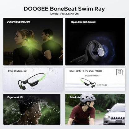 Bone Conduction Headphones Swimming, LED Light, IPX8 Waterproof, Bluetooth 6.0, Open Ear Headphones with Mic, 32GB MP3 Player, 10-Hour Battery Life for Cycling, Running and Fitness, Black - color: Black
