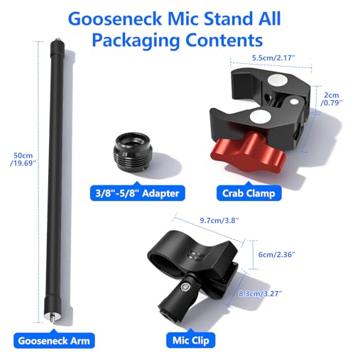 Gooseneck Microphone Stand, 19.69" Adjustable Mic Clip with 3/8" to 5/8" Adapter, Heavy Duty Metal Super Crab Desk & Pole Clamp Mic Holder Compatible with Shure/Fifine/AT2020/Pyle/Blue Snowball/Razer