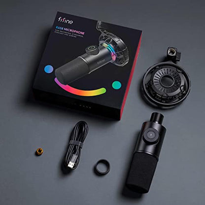 FIFINE K658 USB Gaming Dynamic Microphone with Quick Mute for PC Streaming | Gain Control, Headphone Jack, Cardioid Pickup, RGB Control, Shock Mount, for PS5 Streaming Podcast Twitch YouTube Discord