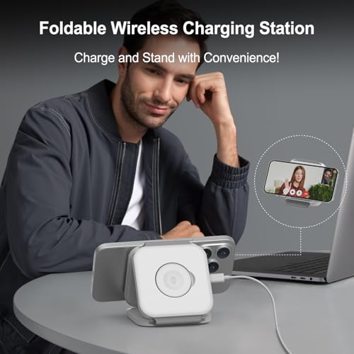 3 in 1 Wireless Charging Station,Foldable Magnetic Wireless Charger for Apple Devices,Travel Charging Pad for iPhone 17 16 15 14 13, Watch & AirPods,Fast Charging Station for Home Office Travel(White) - color: White