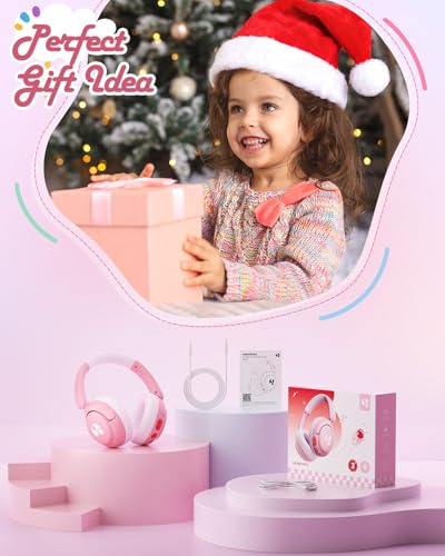 awatrue Kids Bluetooth Headphones, 85dB Volume Limiter, Pink HK02 | Foldable Wireless, Bluetooth 5.4, 75H Playtime, Built-in Mic, for iPad & Travel - color: Pink