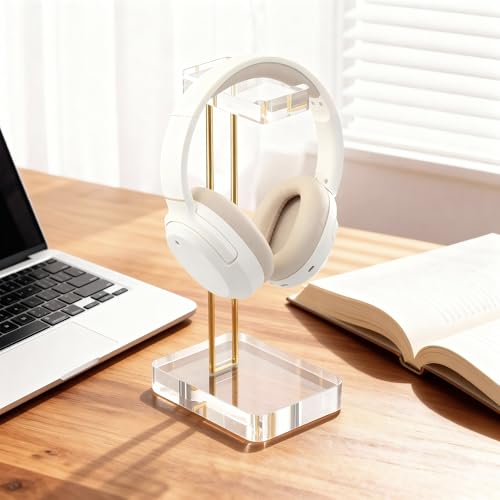 Headphone Stand Headset Holder for Desk, Solid Christal-Clear Acrylic with Gold Hardware Earphone Hanger for Gaming Room Office Accessories - color: Gold