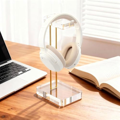 Headphone Stand Headset Holder for Desk, Solid Christal-Clear Acrylic with Gold Hardware Earphone Hanger for Gaming Room Office Accessories - color: Gold