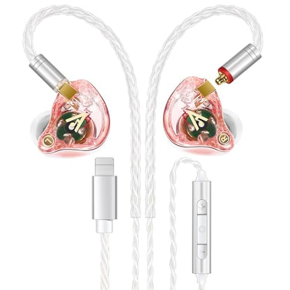 Audiovance Vibes 202ML HiFi 유선 이어버드, 아이폰 14/13/12/11/X, 프로 맥스용 | 마이크가 있는 인이어 헤드폰, 선명한 사운드, 딥 베이스, 소음 차단 이어버드, 실버 도금 코드, 편안한 핏, 케이스 - color: 4-핑크
