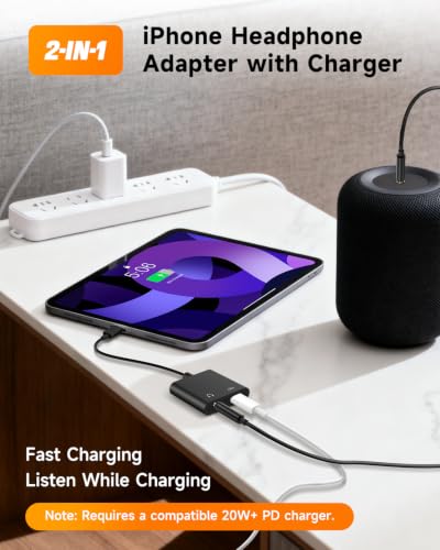 [MFi Certified] 2-in-1 Lightning to 3.5mm Audio & Charger Splitter for Headphones & Fast Charge, Compatible with iPhone 14/13/12/11/X/8/iPad - Car AUX, Gaming, Live Streaming, Work & Travel (2, Black) - color: Black-2Pack