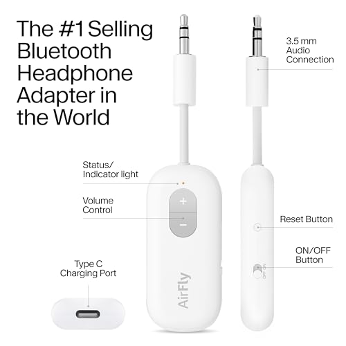 Twelve South AirFly SE, Wireless Audio Transmitter Adapter, Cool White | Bluetooth Adapter for AirPods/Headphones, 20+ Hr Battery, Works with 3.5mm aux Jacks on Airplanes, TVs, Gym Equipment, Travel - color: Cool White, style: AirFly SE